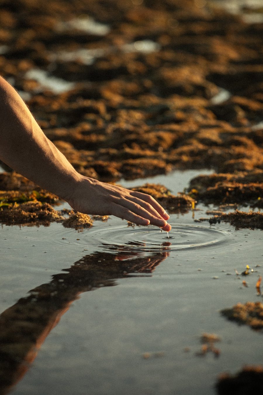 Une main effleure l'eau et dessine des cercles